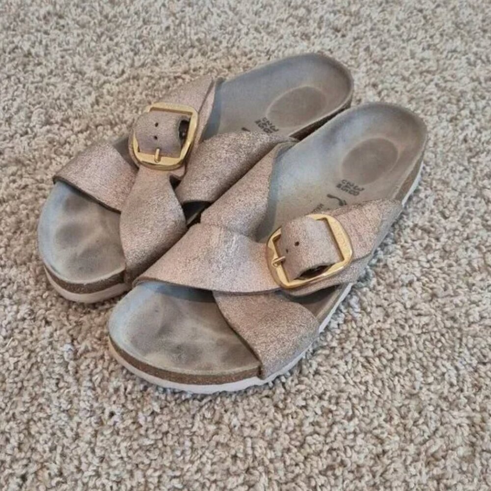 Birkenstock Siena Big Buckle Metallic Rose Gold Leather Sandals 38 US 7